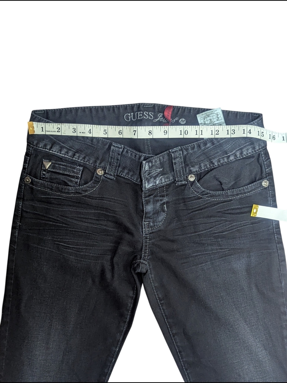Y2K GUESS Daredevil Boot Cut Jeans – Charcoal Black Rhinestone Pocket – Size 28 - Picture 6 of 15